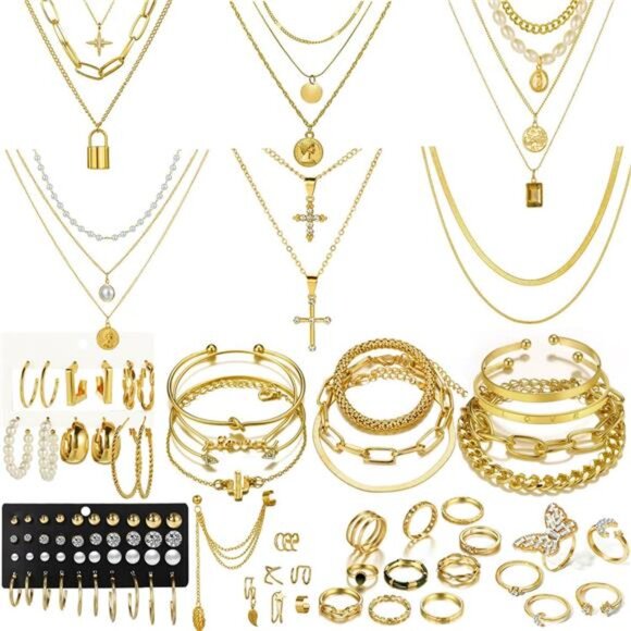 Jewelry - 73 Pcs Gold Jewelry Set with 6Pcs Layered Necklace, 11 Pcs anklet and 7Pcs